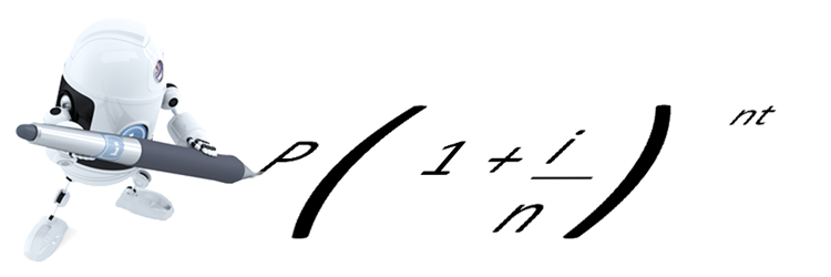 In this image, the iCalculator robot [iCalc] is writing the function for calculating compound interest. Using a pen, iCalc writes the equation for calculating Compound Interest on the floor.